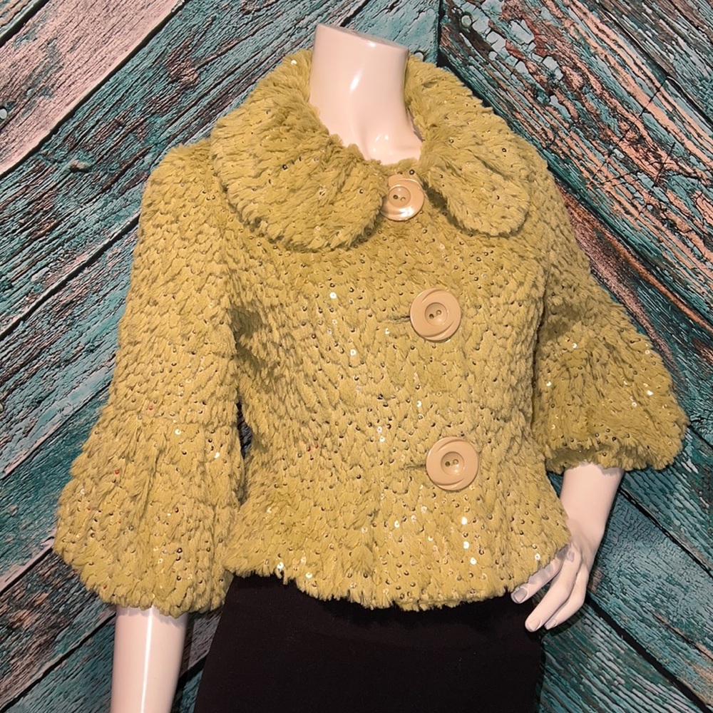 Twelve by Twelve Embellished Moss Green Faux Fur Jacket/shrug, XS NWOT